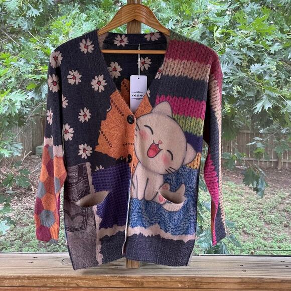 Yenso Women's Cotton/Wool Blend Happy Cat Cardigan Size XS. NEW - Picture 1 of 8